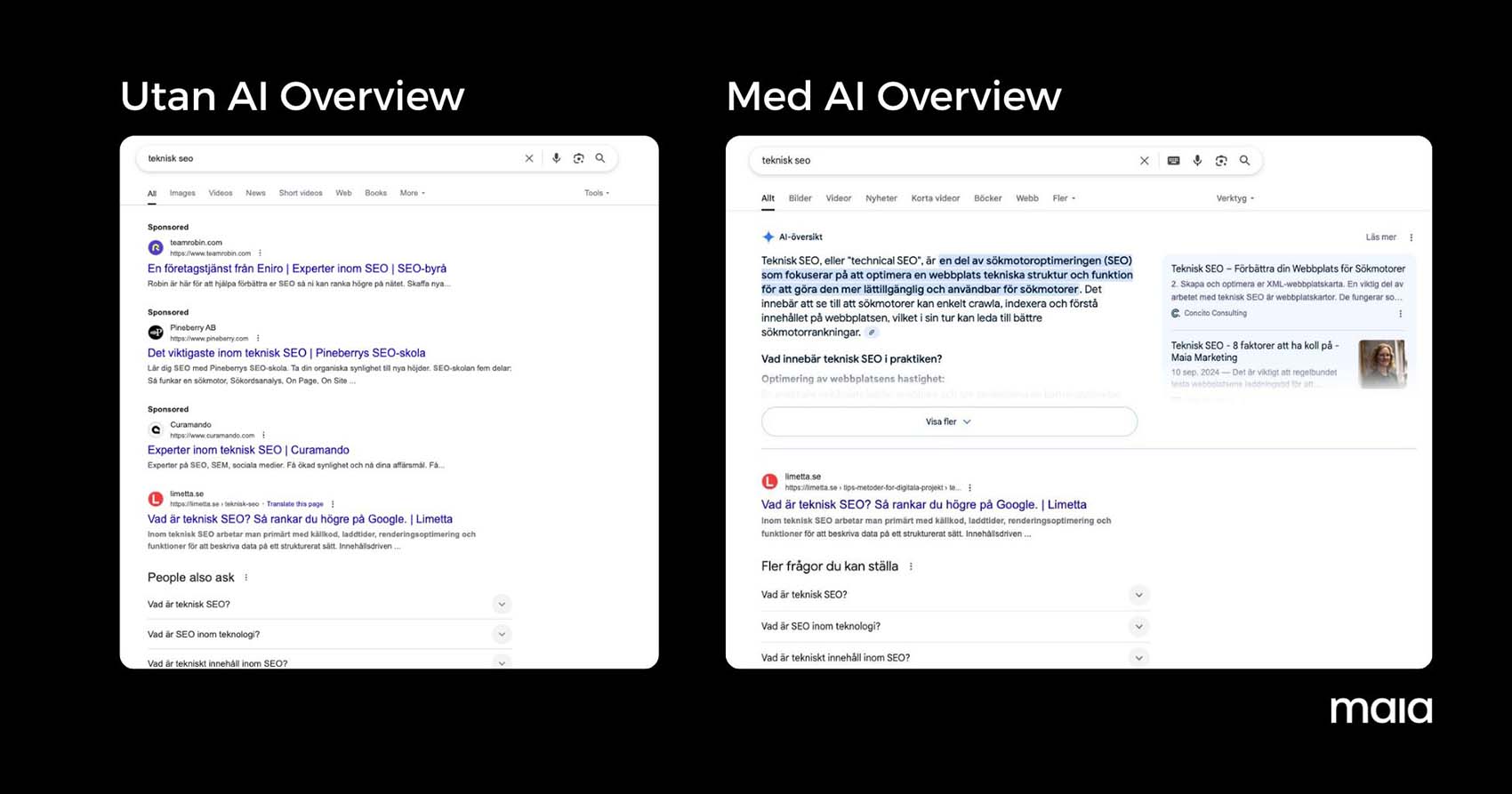 Sökresultat med och utan AI Overview.