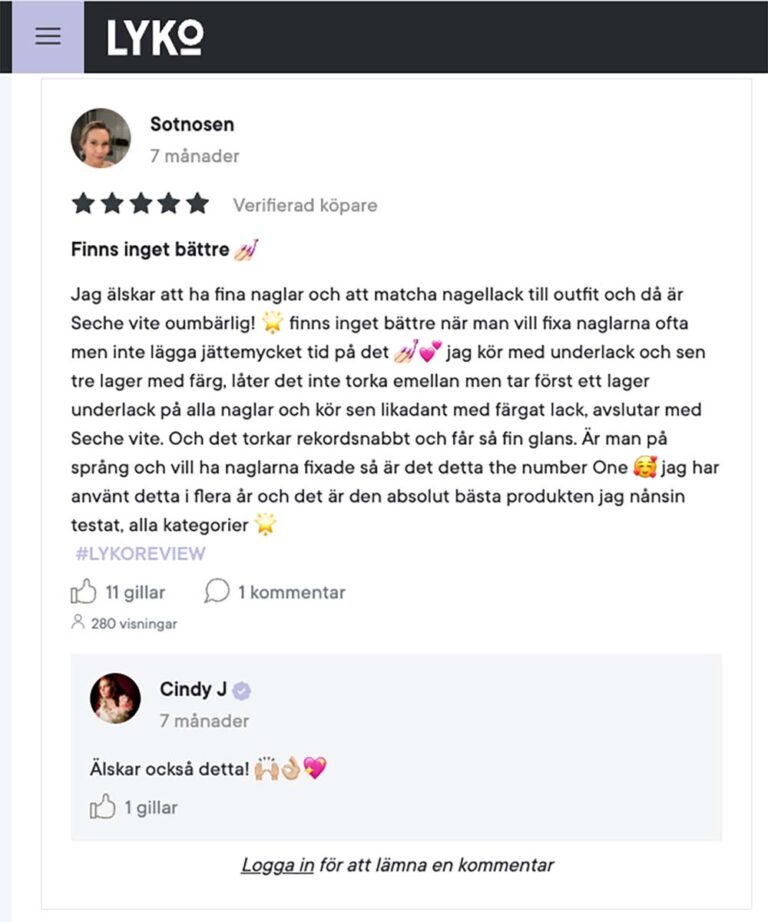 Exempel på Experience (EEAT) från Lyko.